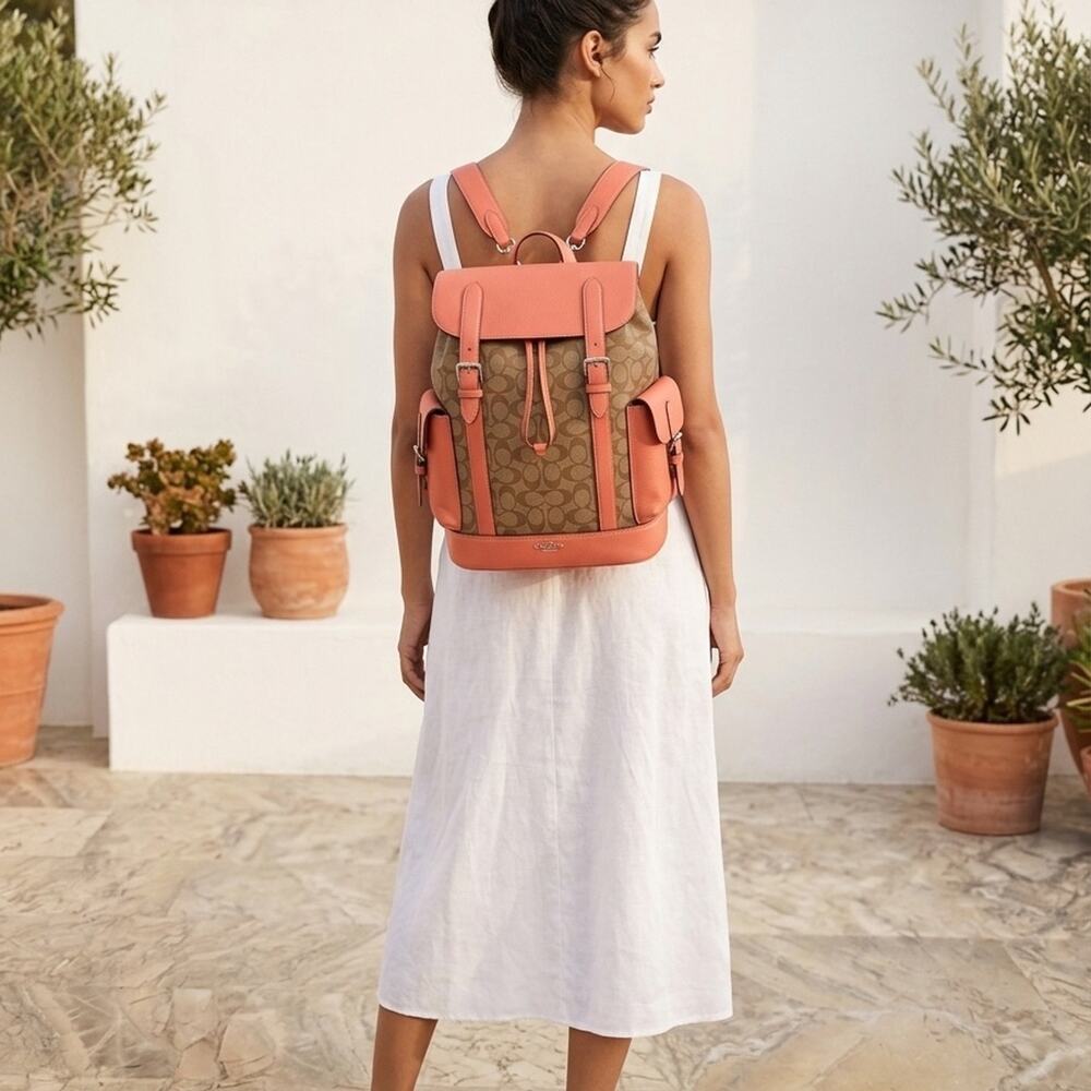Coach Hudson Logo Print Backpack Brown Coral Buckle Drawstring Adjustable Straps